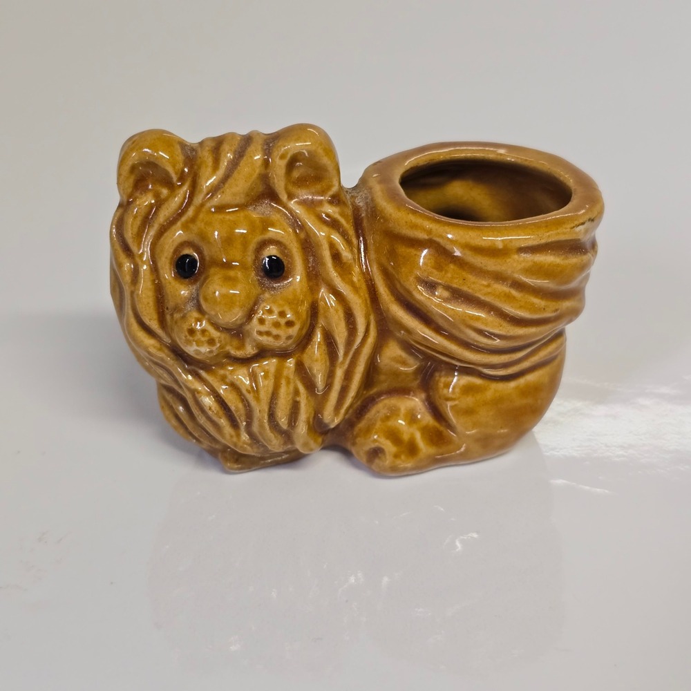 Vintage‎ Lion Toothpick Holder Brown Glazed Ceramic Animal Boho Kitsch